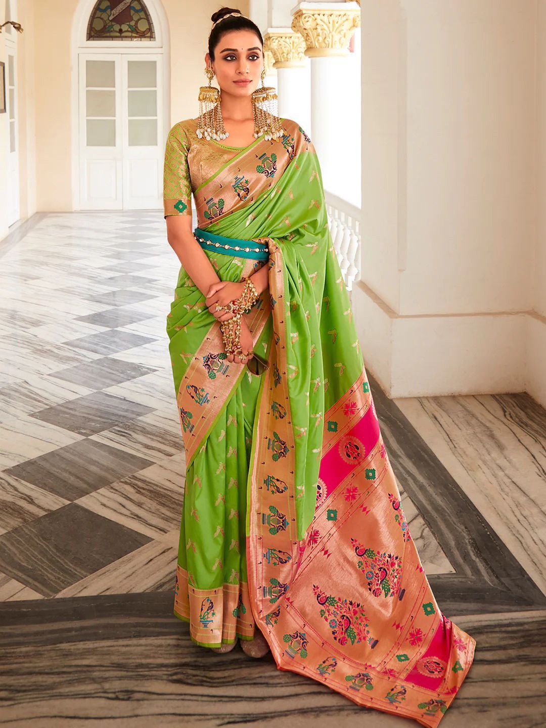 

KALINDI Woven Design Zari Paithani Traditional Saree, Green