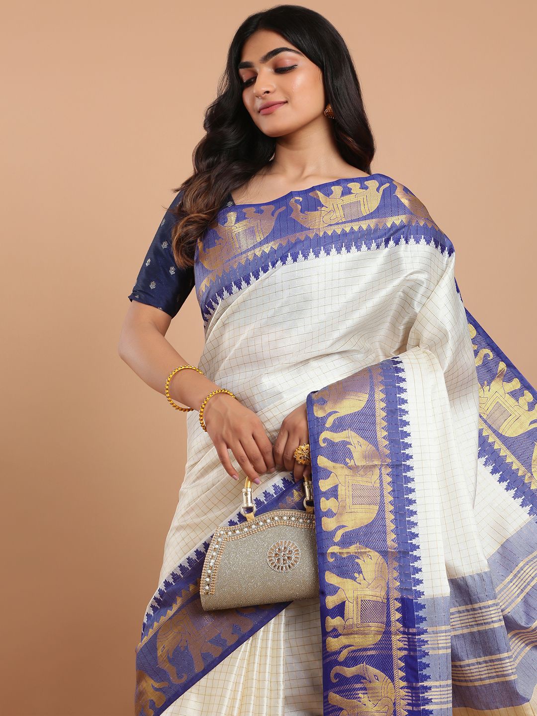 

Kalyan Silks Checked Zari Kanjeevaram Saree, Off white