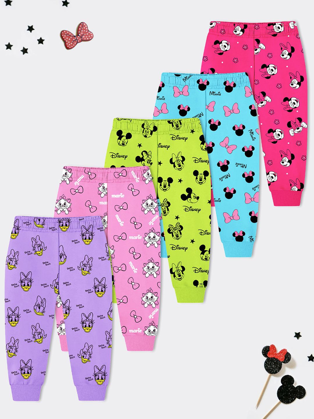 

YK Disney Girls Pack Of 5 Graphic Printed Mid-Rise Slip On Joggers, Purple