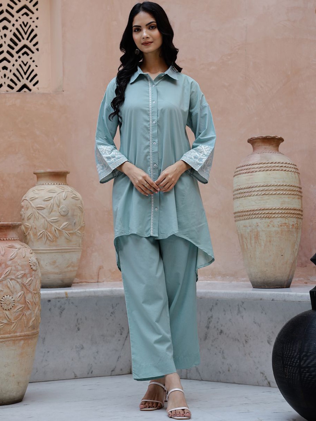 

Sangria Embroidered Pure Cotton Top With Trouser, Turquoise blue