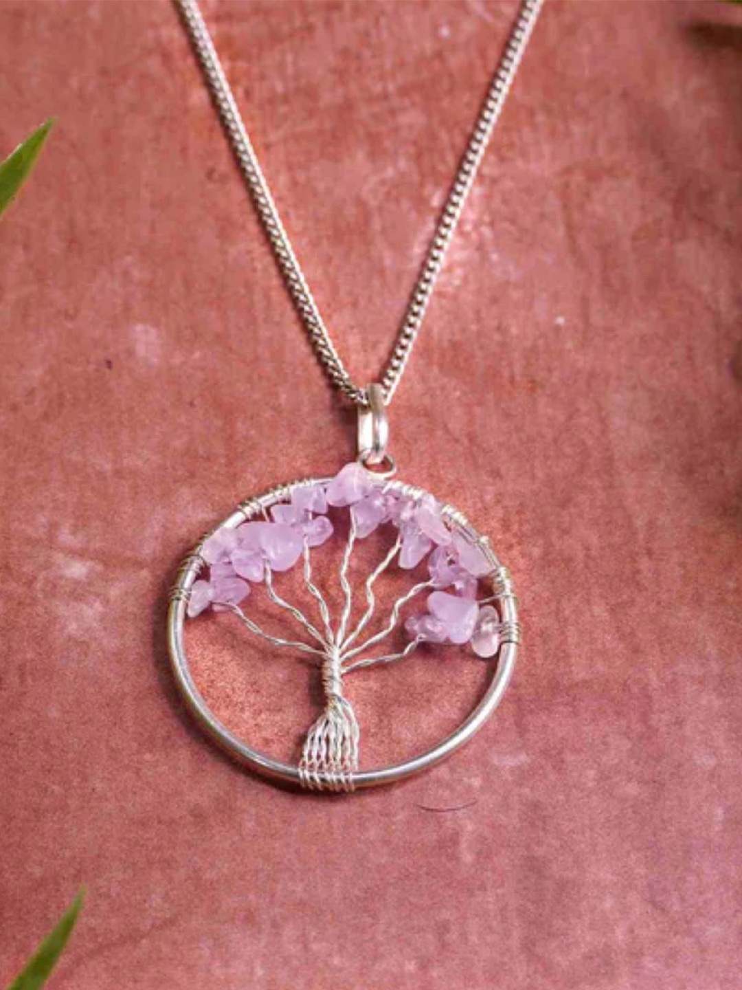 

Japam Silver Plated Rose Quartz Tree Of Life Necklace