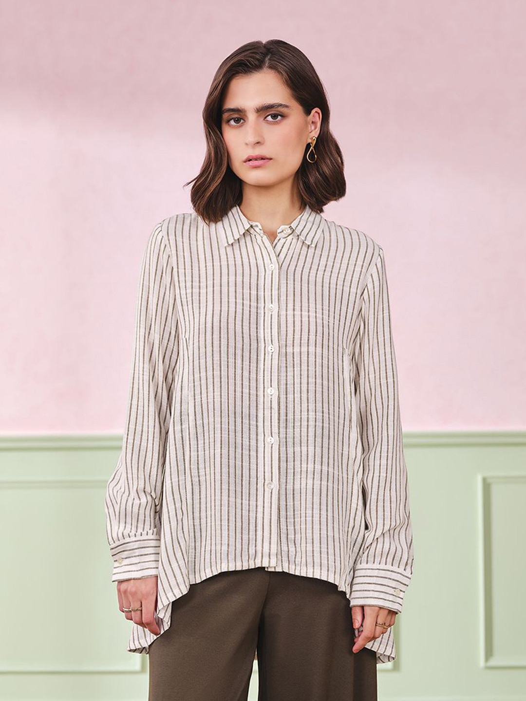 

AND Women Striped Cotton Shirt Top, White