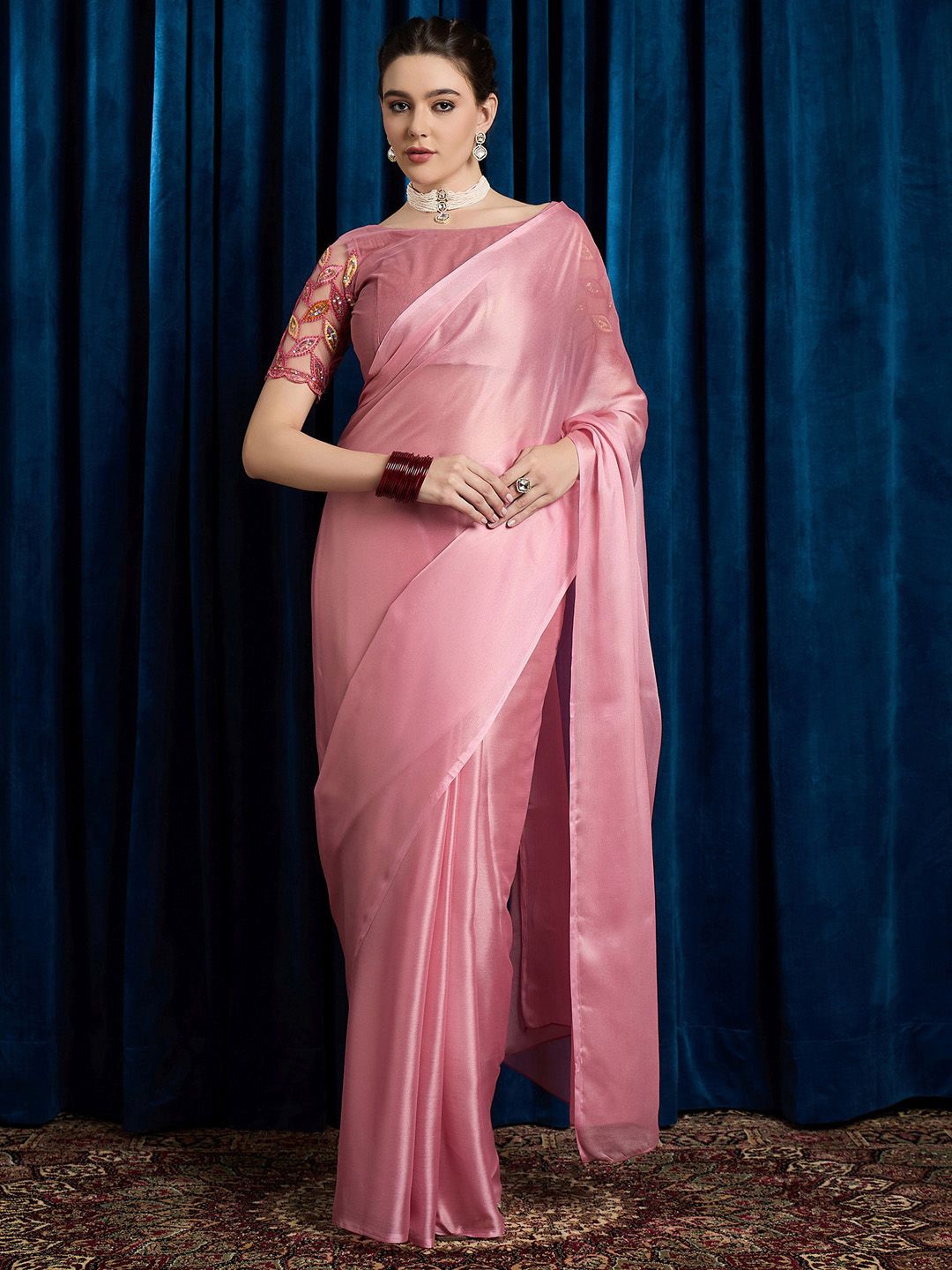 

Anouk Rustic Saree with Matching Blouse, Pink