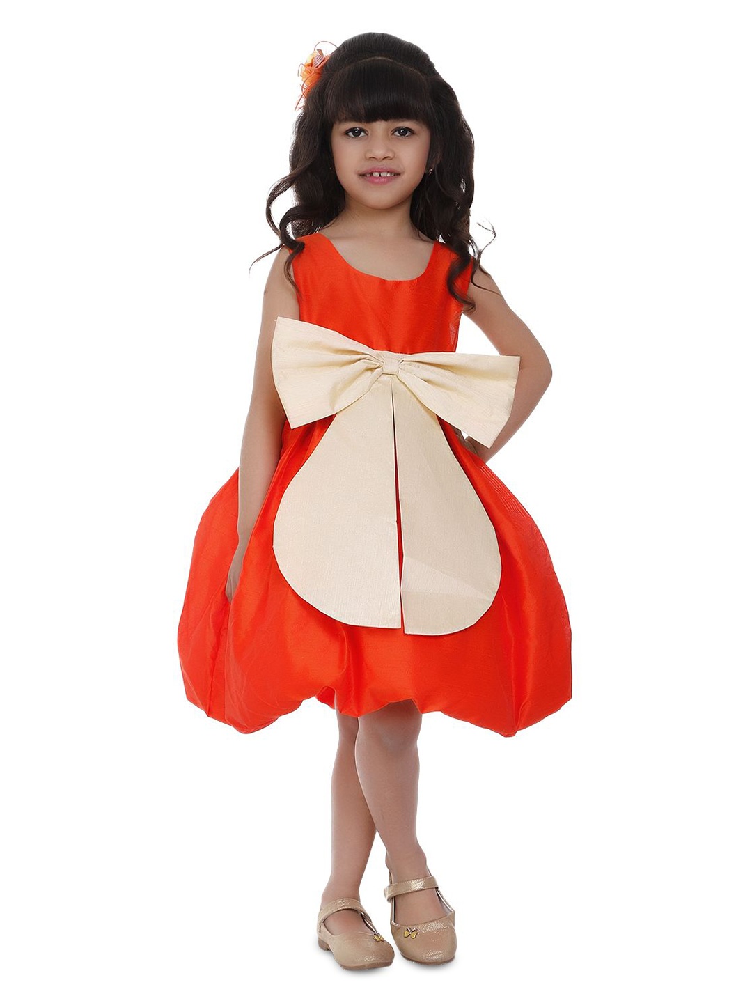 

Wish little Girls Solid Waisted Blouson Bow Detail Dress, Orange