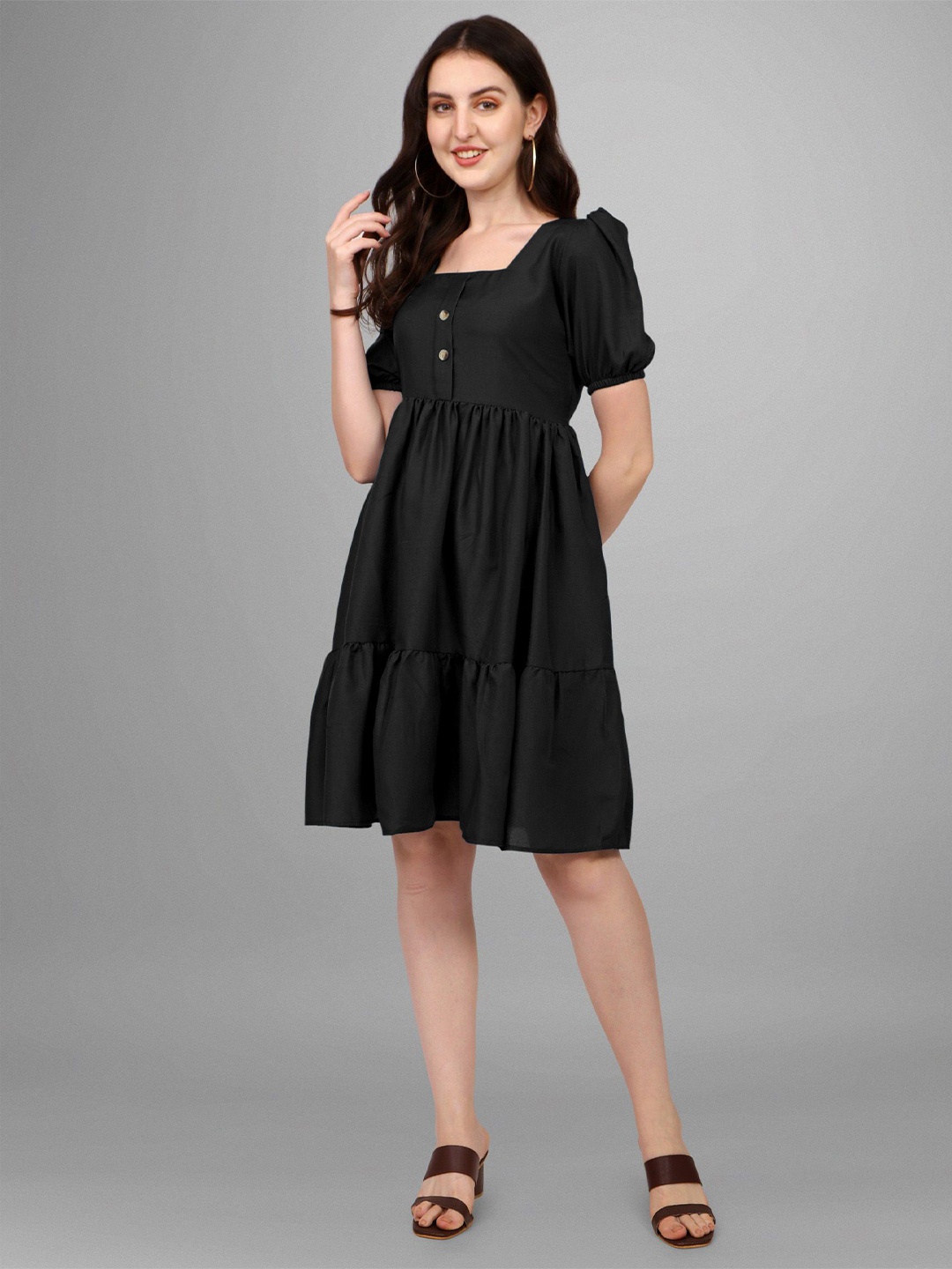 

Krunal Raiyani Women Solid Square Neck Layered Fit and Flare Dress, Black