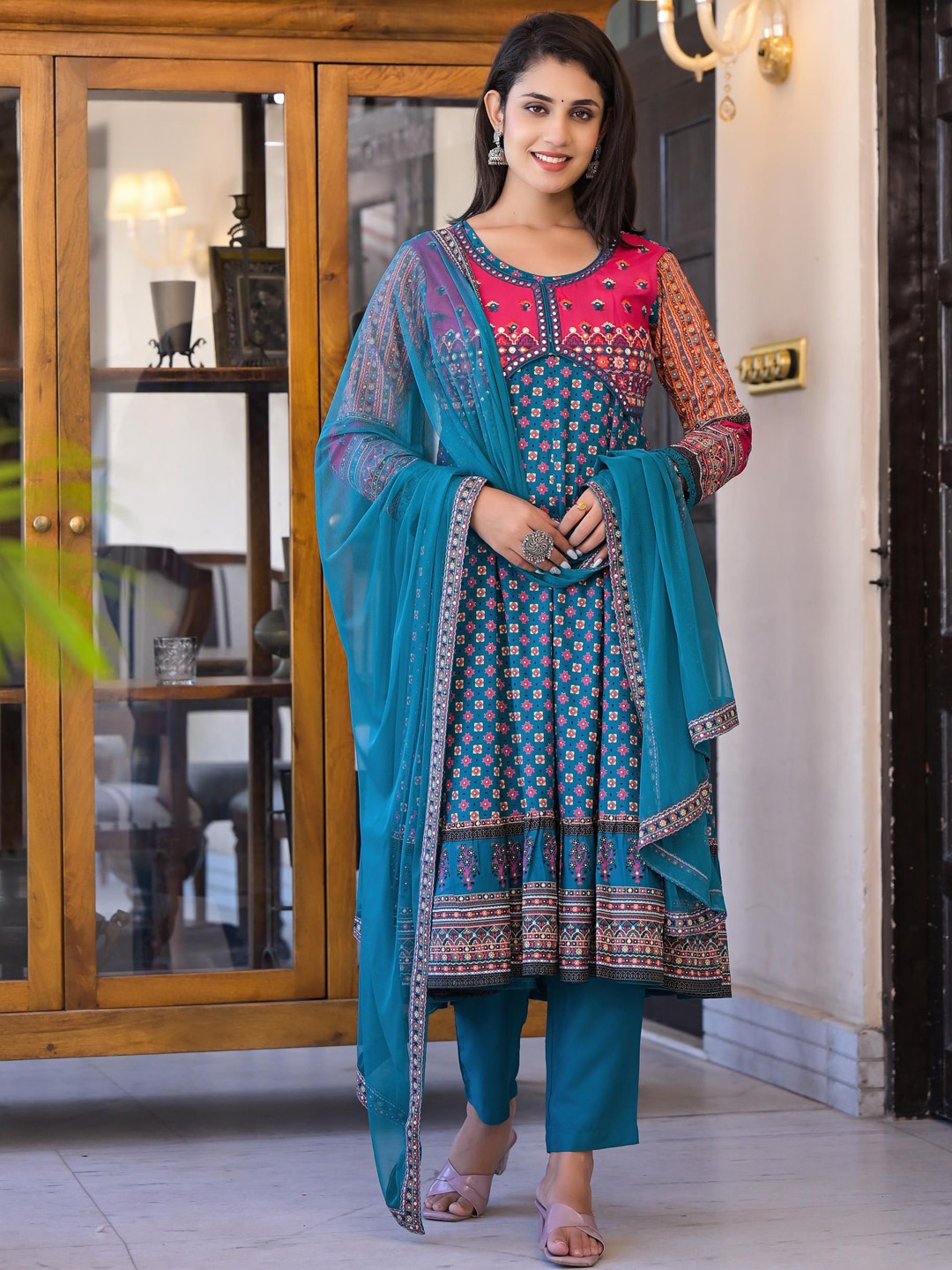 

Juniper Ethnic Motifs Printed Empire Mirror Work Kurta With Trousers & Dupatta, Teal