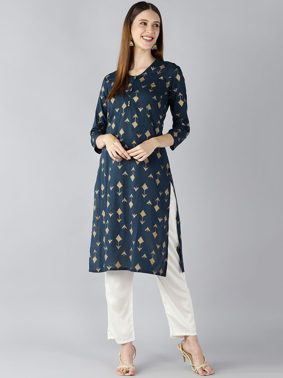 

AHIKA Geometric Printed Regular Cotton Straight Kurta, Teal