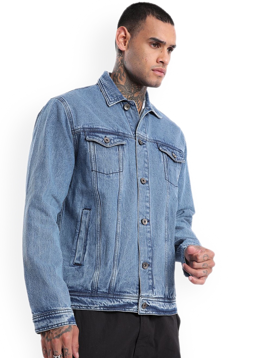 

WROGN Men Spread Collar Solid Denim Casual Denim Jacket, Blue
