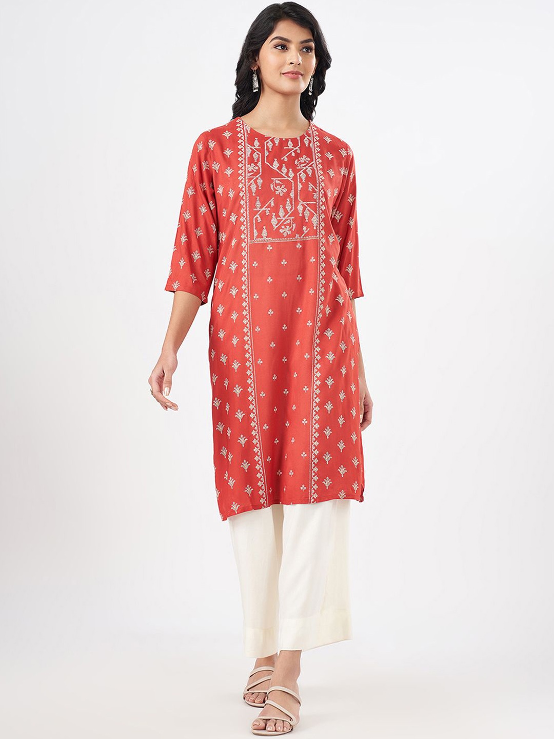 

RANGMANCH BY PANTALOONS Ethnic Motifs Printed Straight Kurta, Rust