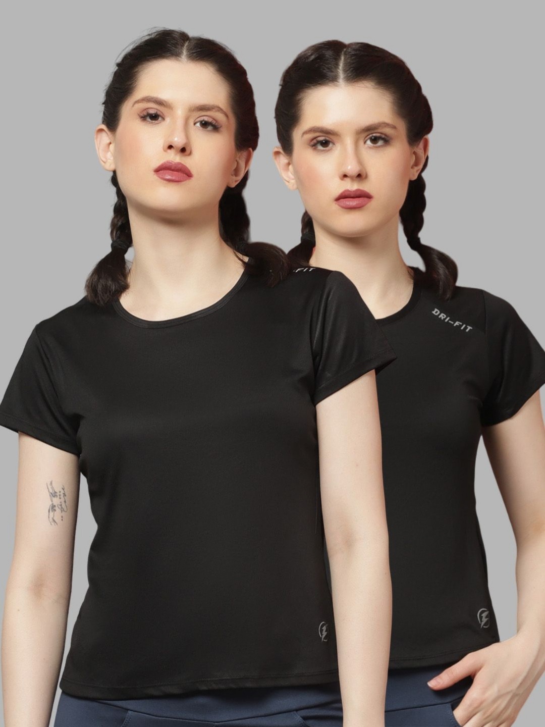 

Friskers Women Pack Of 2 Solid Round Neck T-shirts, Black