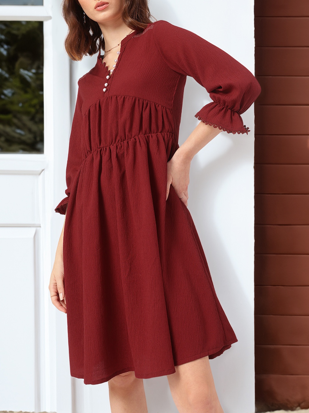 

DressBerry Radiant Reflections Crinkled Bell Sleeve A-line Dress, Maroon