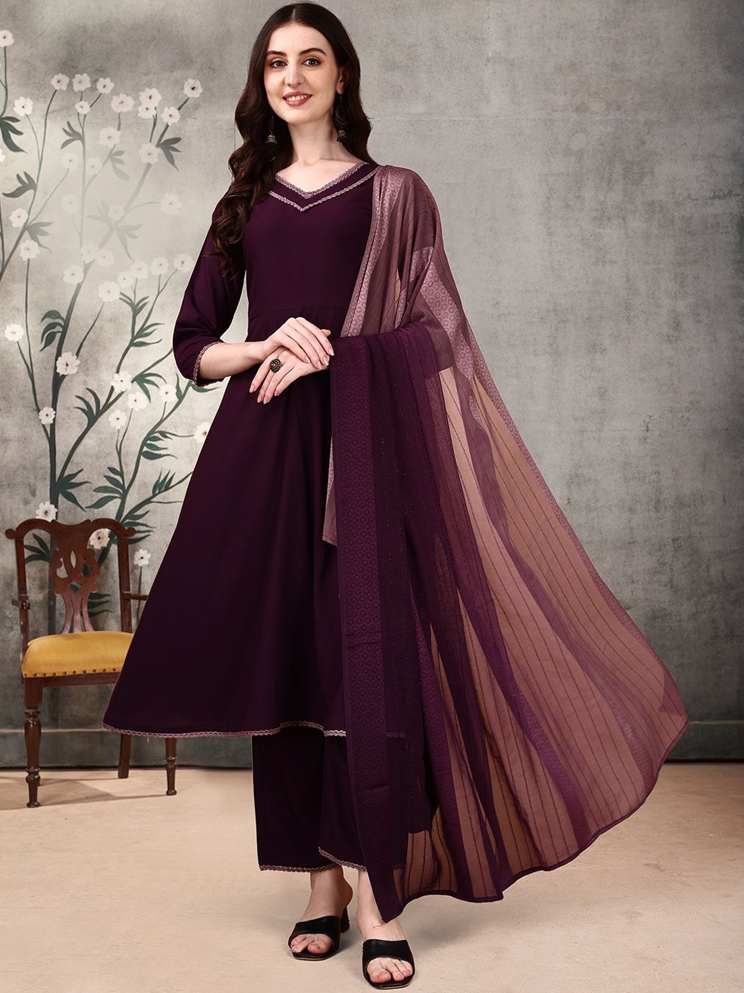 

KALINI V-Neck Anarkali Kurta with Palazzos & Dupatta, Purple