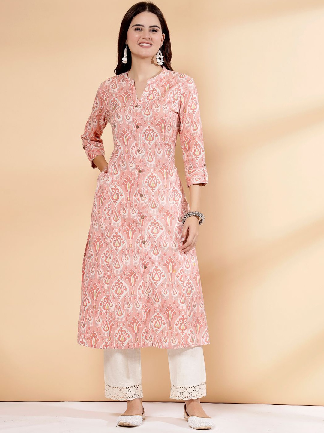 

Pistaa Floral Printed Mandarin Collar A-Line Cotton Kurta, Peach