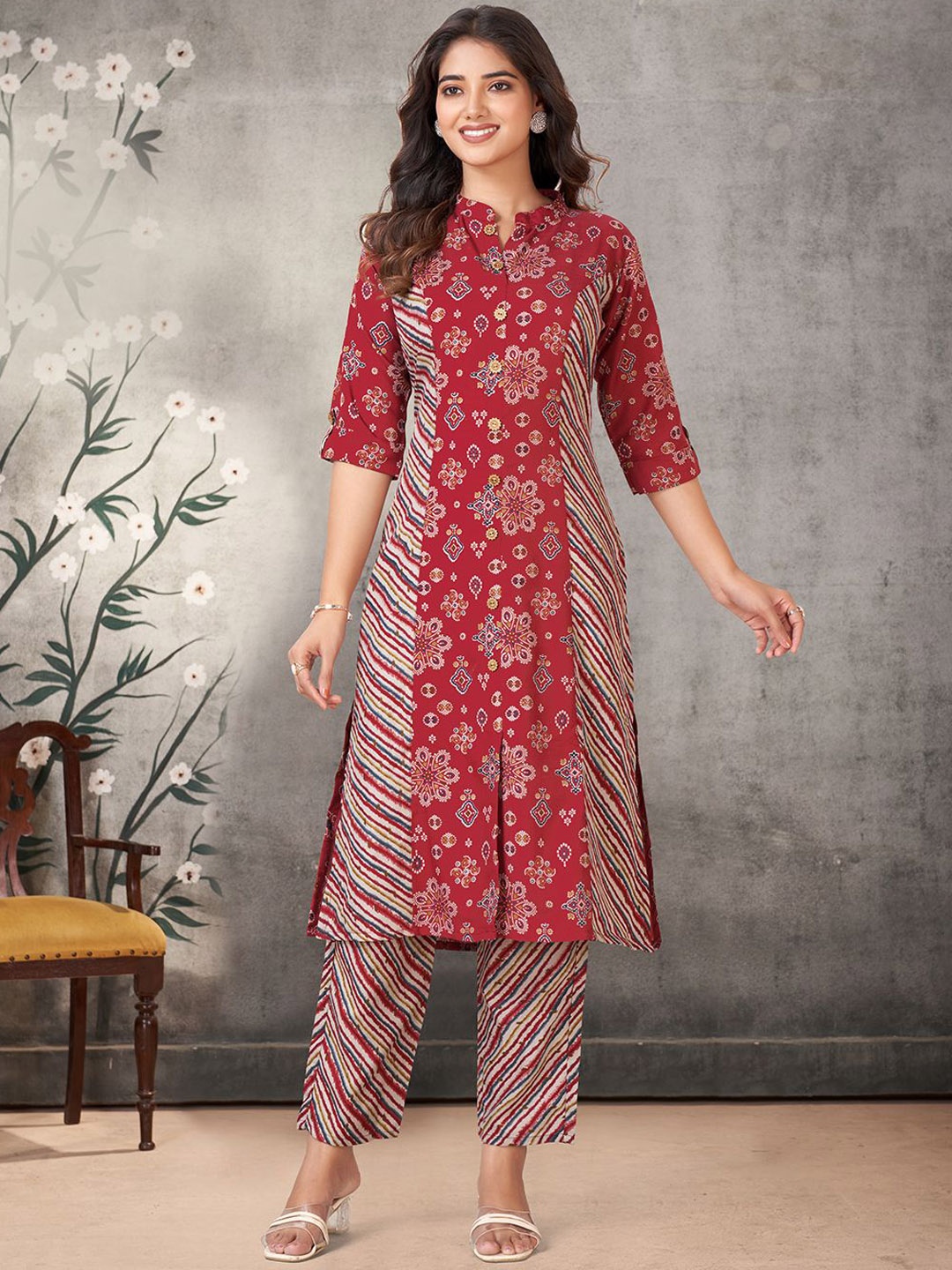 

KALINI Ethnic Motifs Printed Mandarin Collar Regular Straight Kurta With Trouser, Red