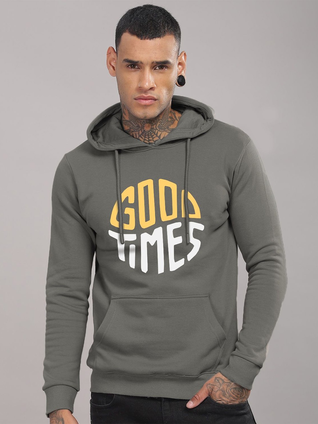 

ADRO Men Typography Printed Cotton Hooded Sweatshirt, Grey