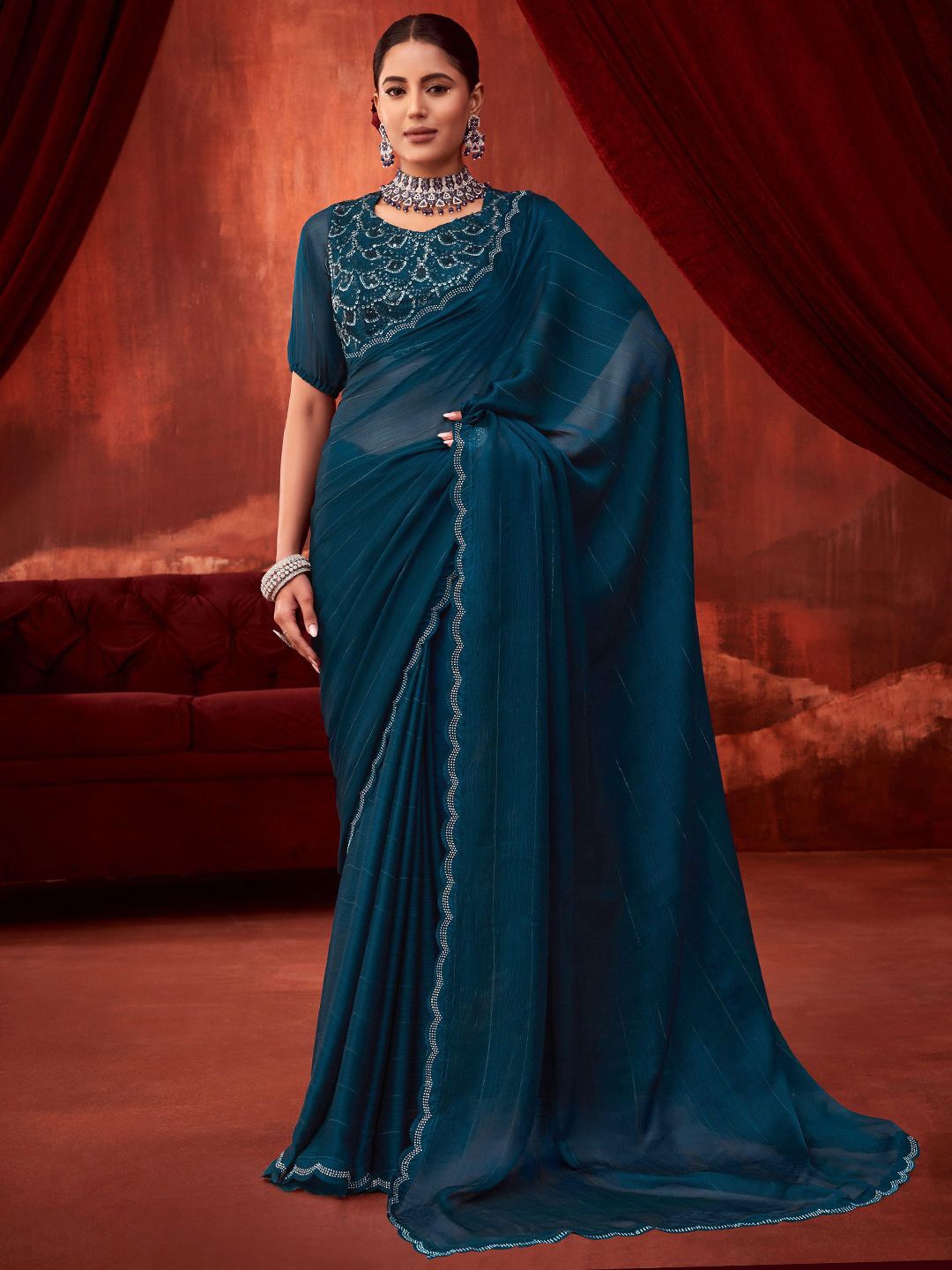 

SANSKAR Women Beads and Stones Saree With Blouse Piece, Blue