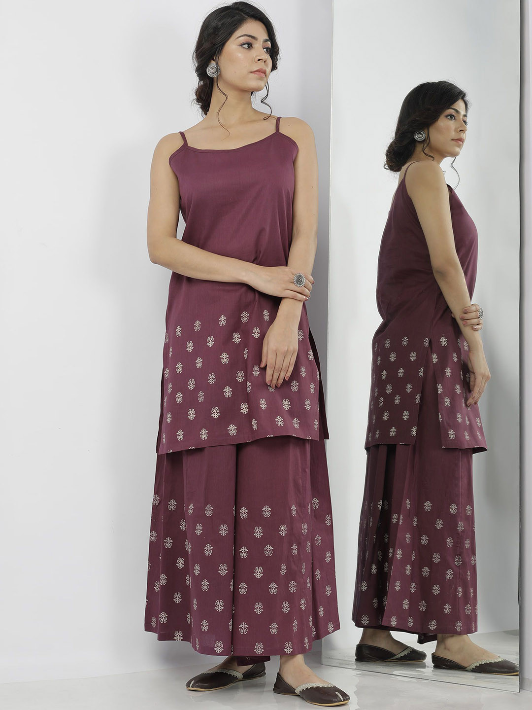 

TJORI Floral Block Printed Shoulder Straps Pure Cotton Straight Kurta with Palazzos, Purple