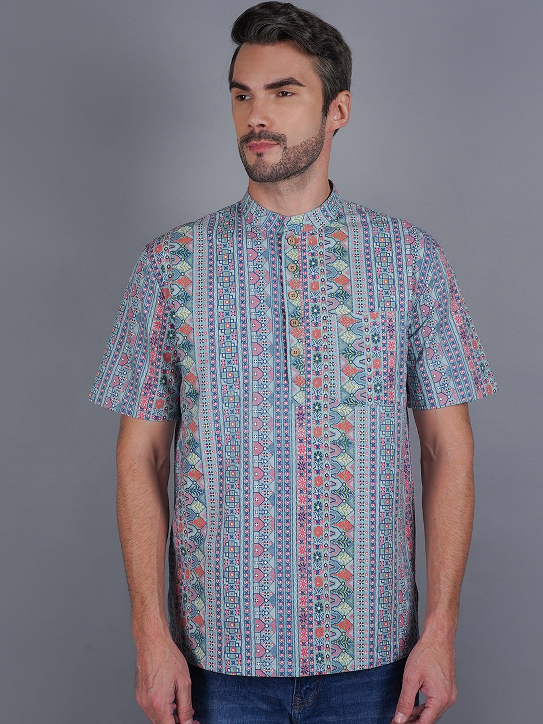 

Cot'N Soft Ethnic Motifs Printed Pure Cotton Mandarin Collar Straight Kurta, Blue