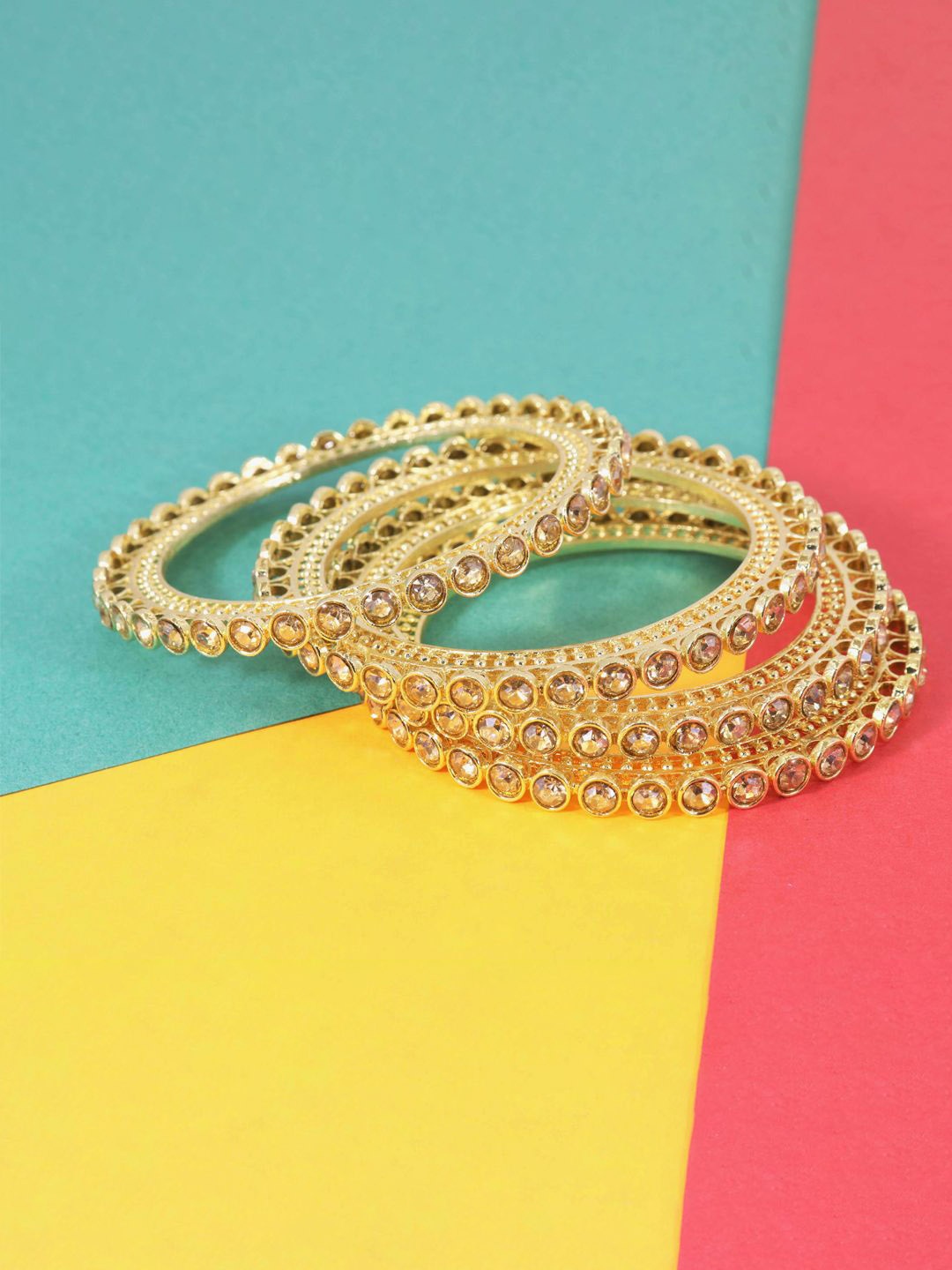 

ZULKA Set Of 4 Gold-Plated American Diamond-Studded Bangles