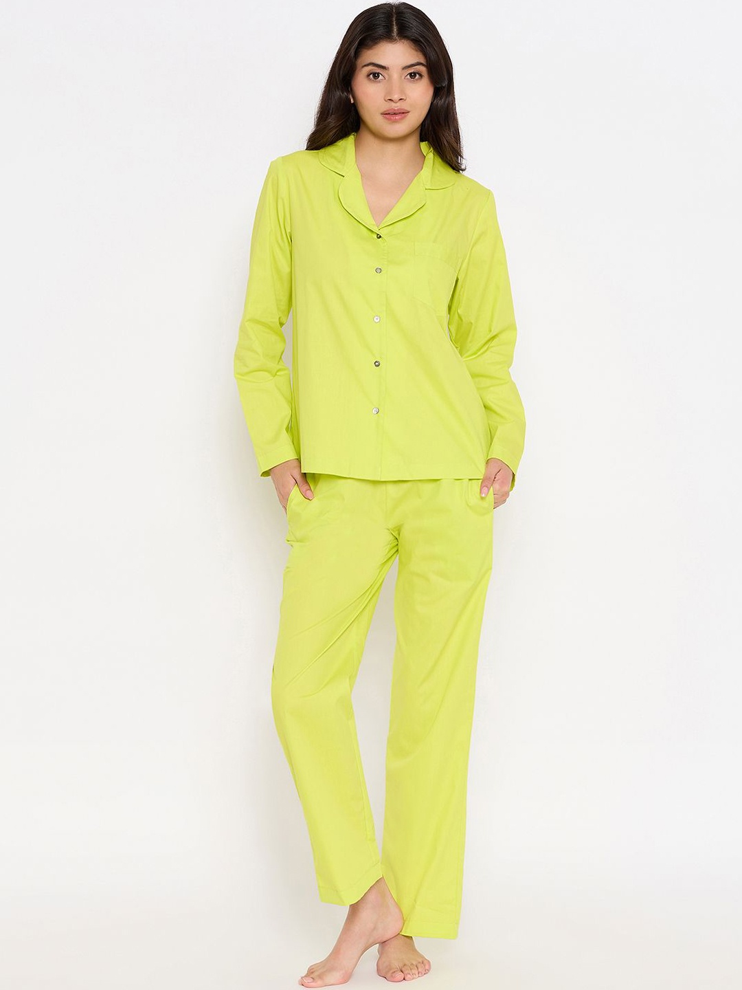 

Antimony Women Shirt Pant Lapel Collar Night suit, Green