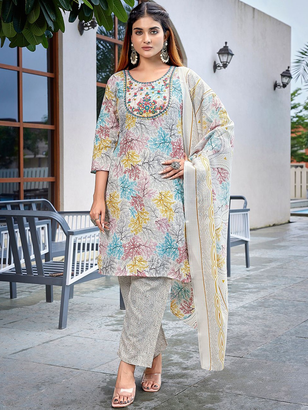 

Royal Export Women Embroidered Regular Mirror Work Kurta with Trousers & With Dupatta, White