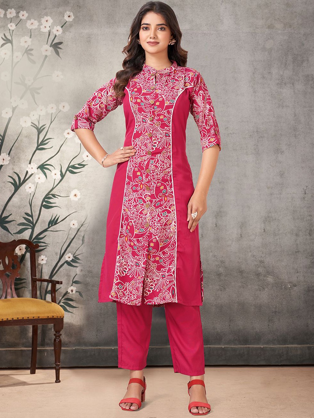 

KALINI Ethnic Motifs Printed Mandarin Collar Straight Kurta With Palazzos, Pink