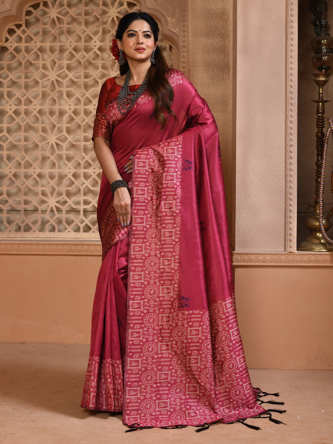 

Jinal & Jinal Kalamkari Zari Pure Silk Banarasi Saree, Pink
