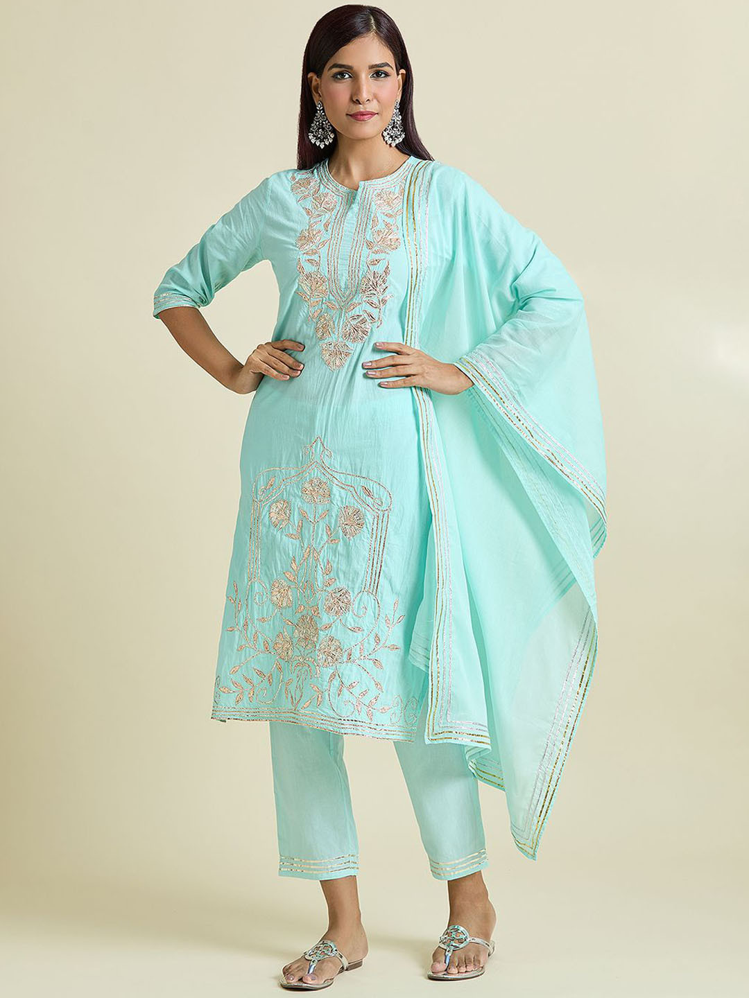 

Adara Khan Women Floral Embroidered Regular Gotta Patti Pure Cotton Kurta with Trousers & With Dupatta, Blue