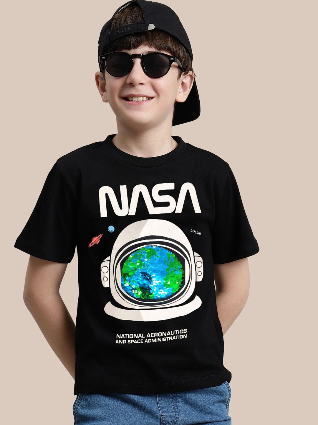 

Kids Ville Boys NASA Graphic Printed Round Neck Cotton T-shirt, Black