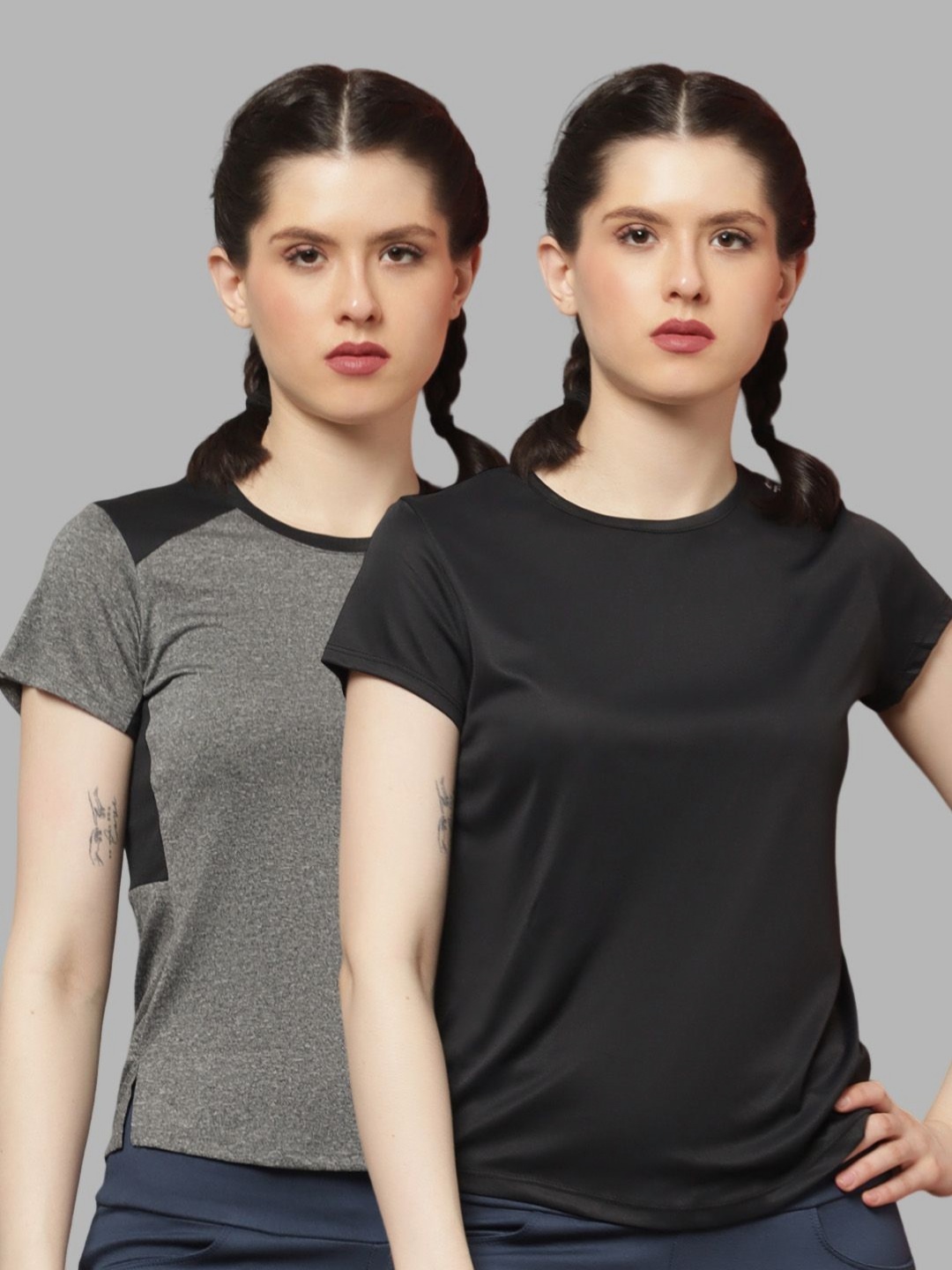 

Friskers Women Pack Of 2 Colourblocked Round Neck T-shirts, Black