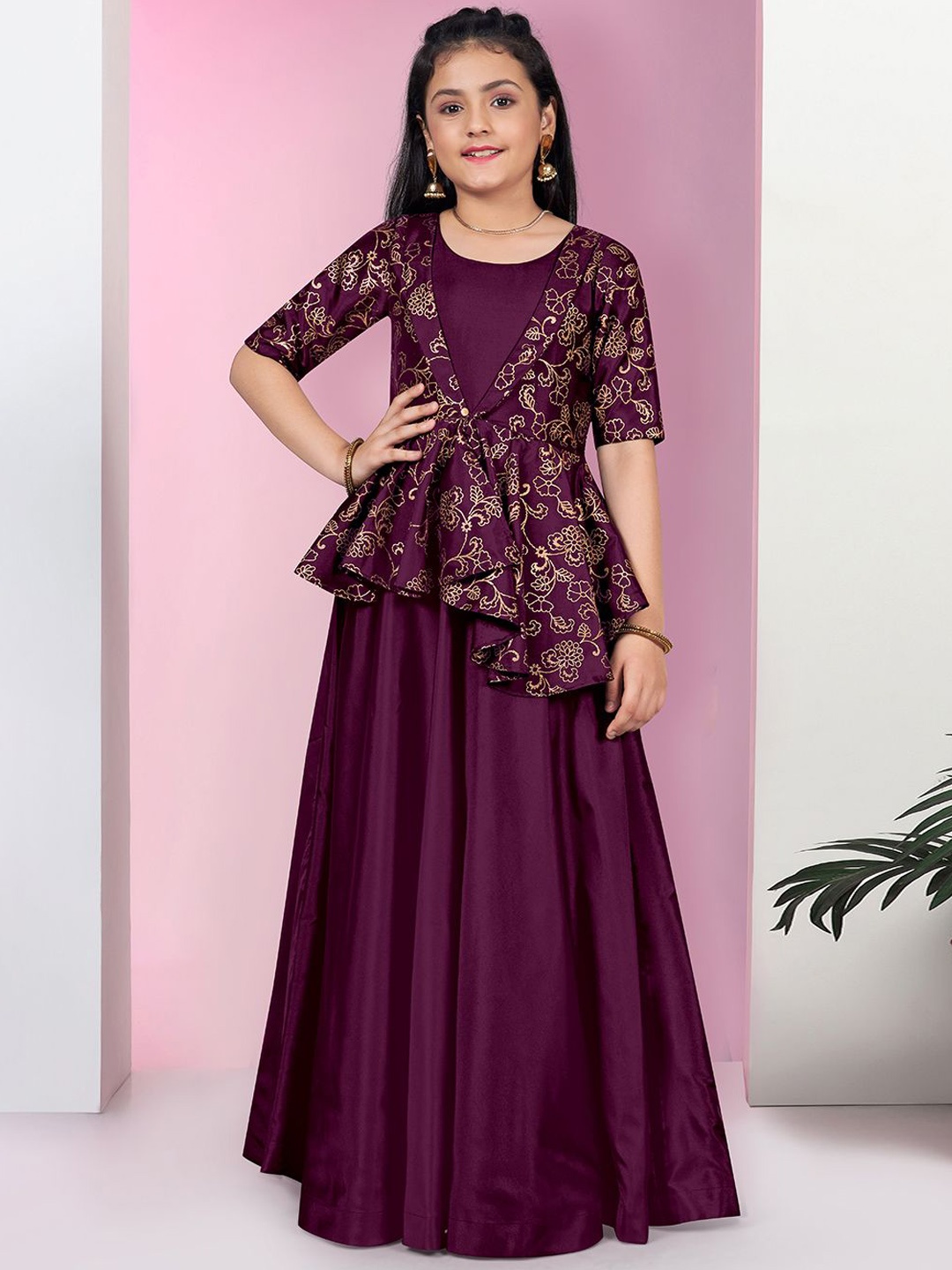 

FASHION DREAM Girls Foil Printed Maxi Ethnic Dresses, Purple