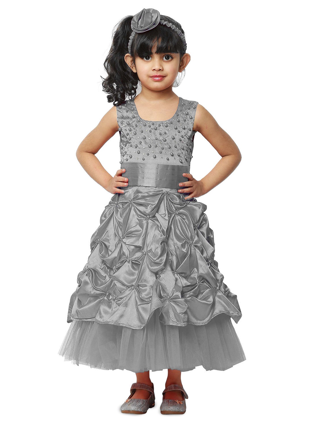 

Wish little Girls Embellished Beads & Stone Satin Maxi Dress, Grey