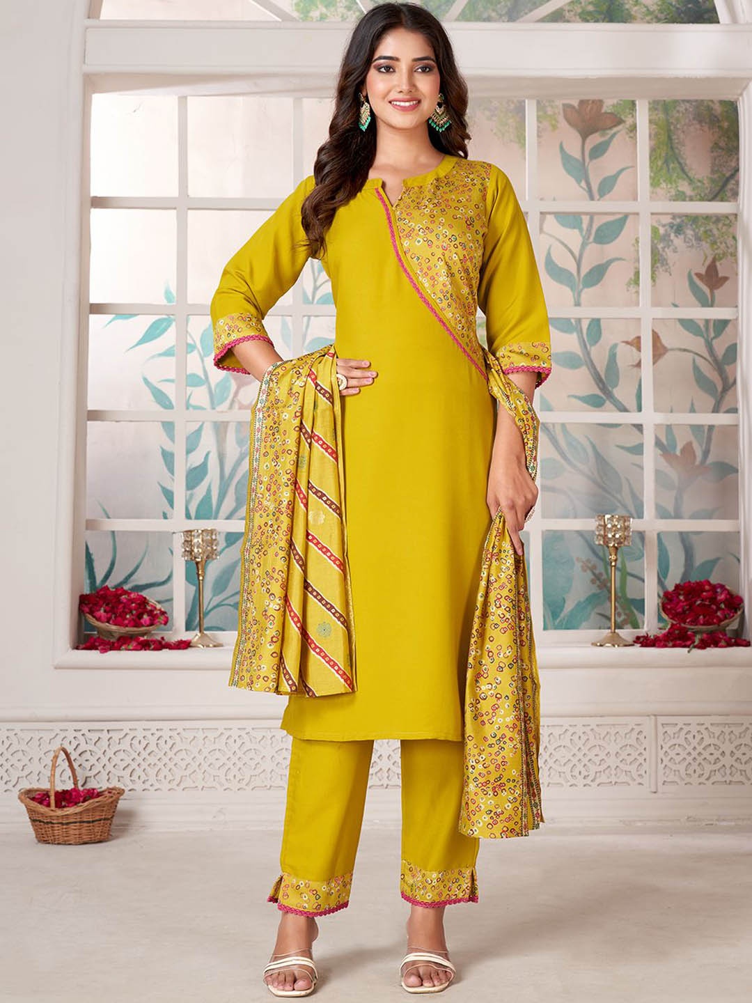 

KALINI Bhandani Printed Mandarin Collar Straight Kurta with Palazzos & Dupatta, Yellow