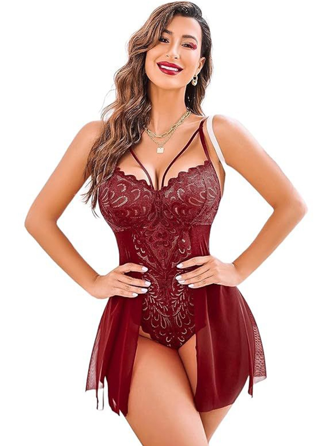 

SGC SWEDEN Satin Baby Doll, Maroon