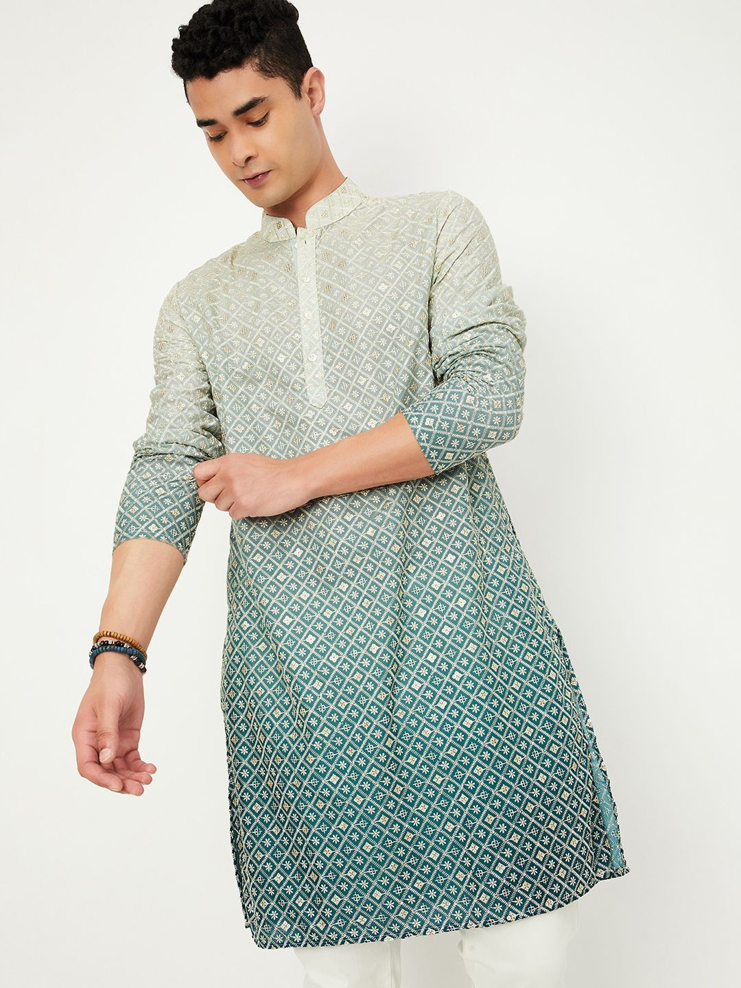 

max Geometric Embroidered Mandarin Collar Straigt Kurta, Green