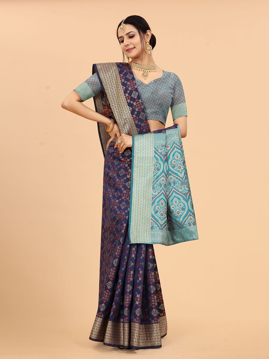 

JUST FASHION Ethnic Motifs Zari Patola Saree, Navy blue