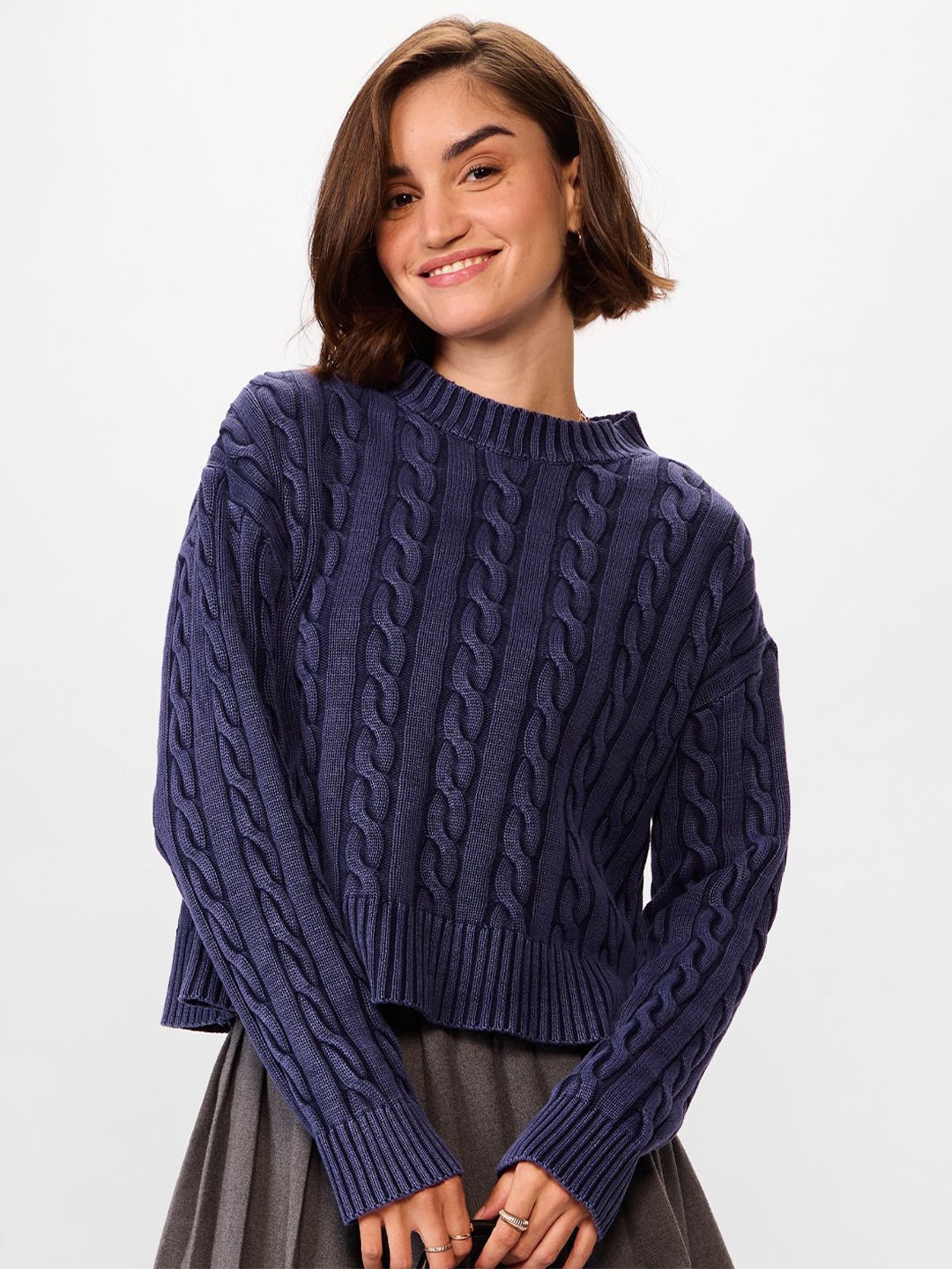 

The Souled Store Women Self Design Round Neck Pullover, Navy blue