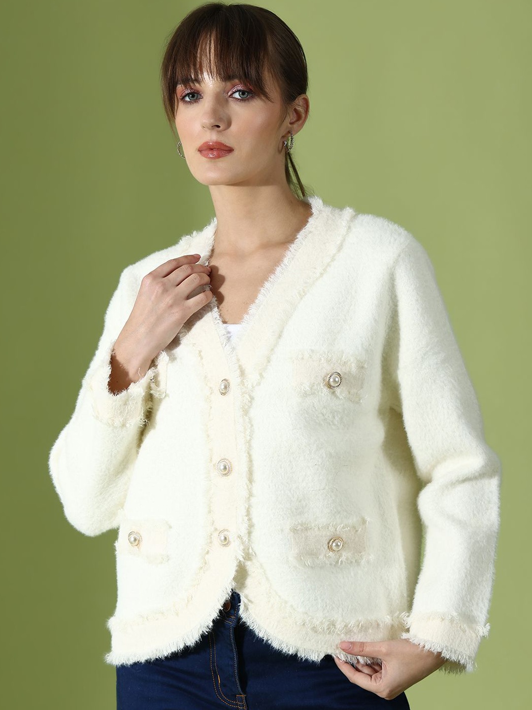 

KALINI Self Design V-Neck Woollen Cardigan, White