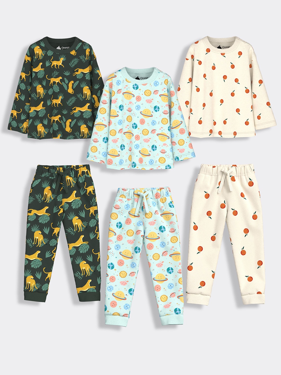 

Orange Sugar Kids Pack Of 3 Printed Pure Cotton T-shirt & Joggers, Olive