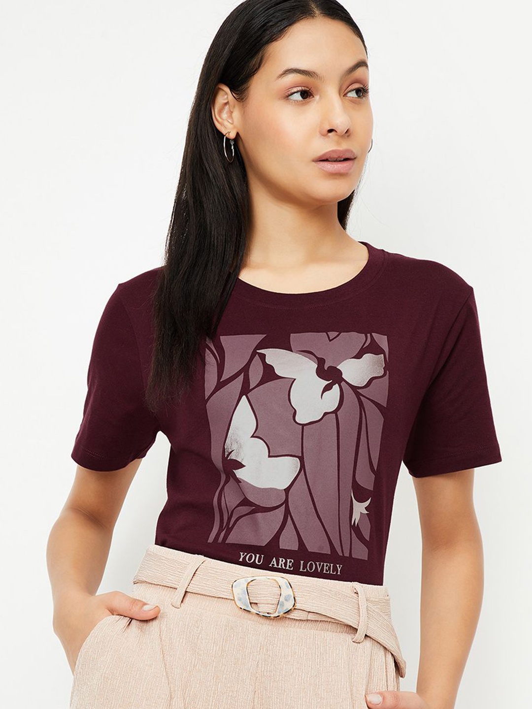 

max Women Graphic Printed Round Neck Cotton T-shirt, Maroon