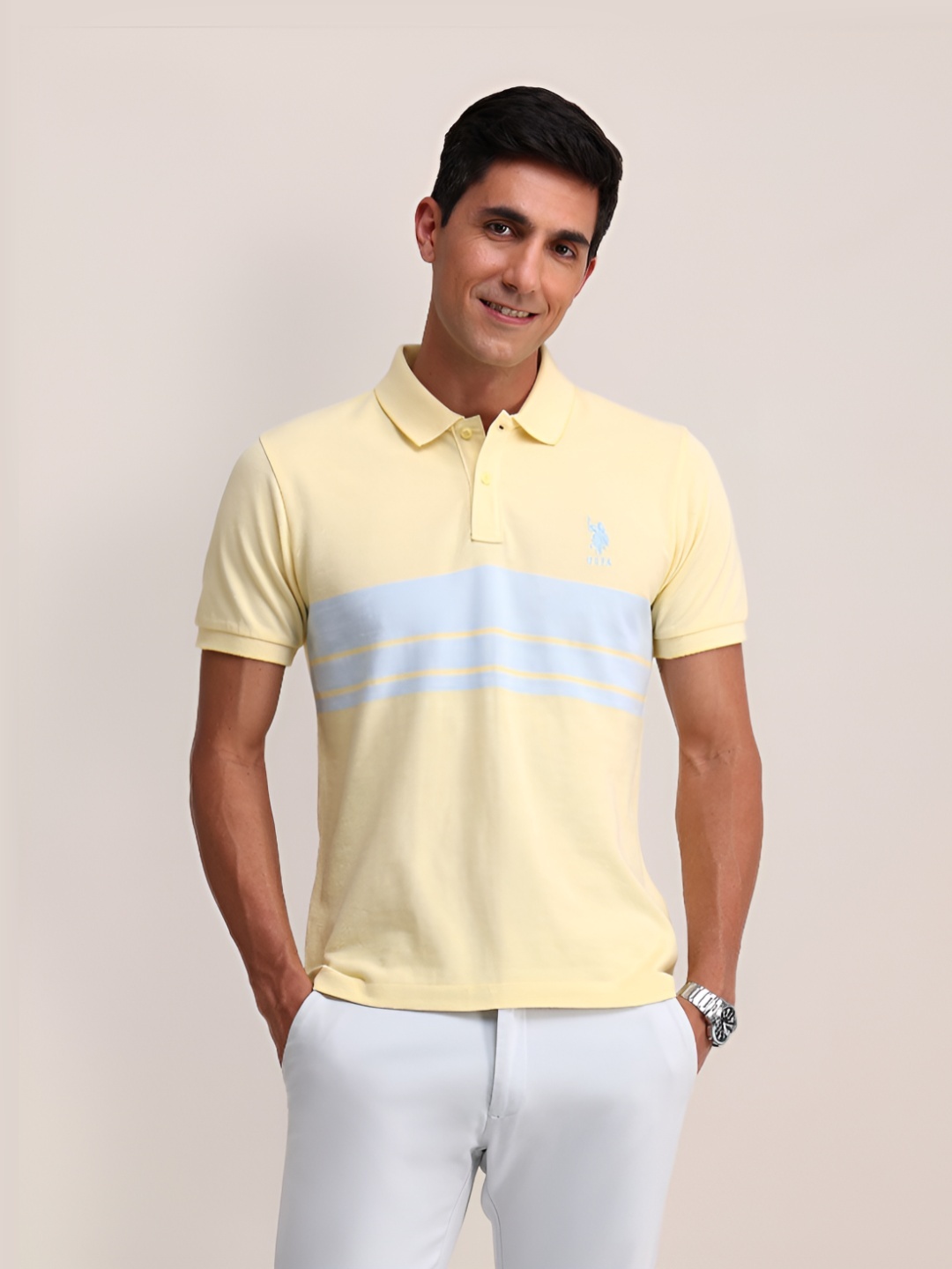 

U.S. Polo Assn. Men Brand Logo Printed Polo Collar Cotton Slim Fit T-shirt, Yellow