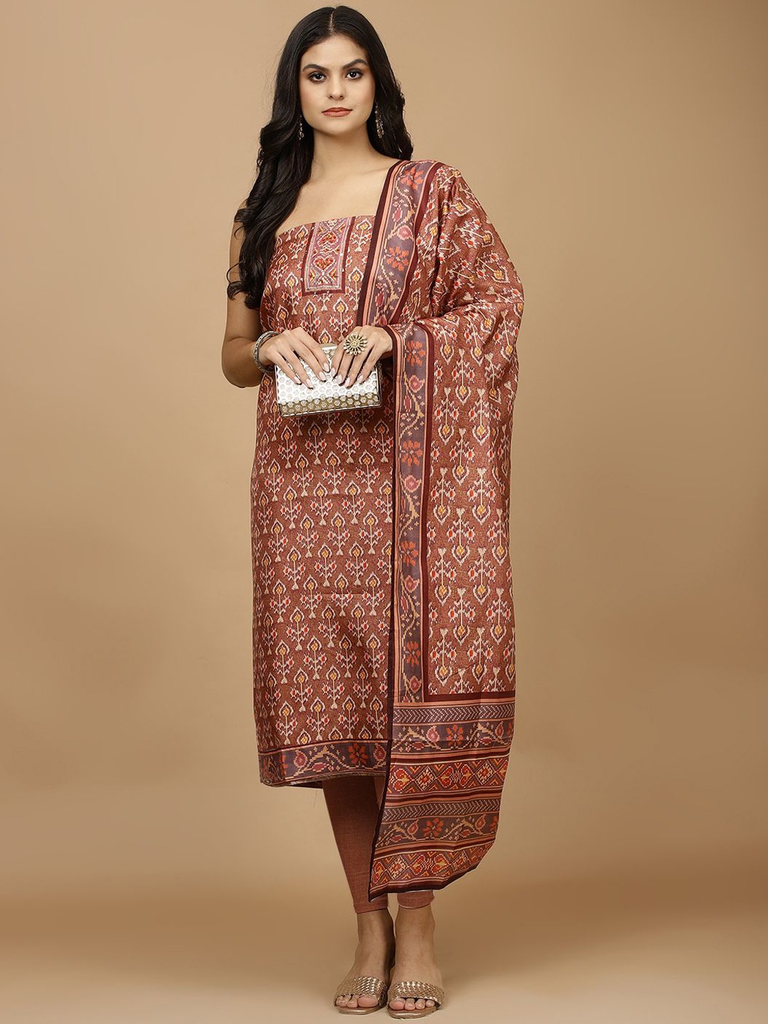 

Meena Bazaar Geometric Printed Sequinned Unstitched Dress Material, Brown