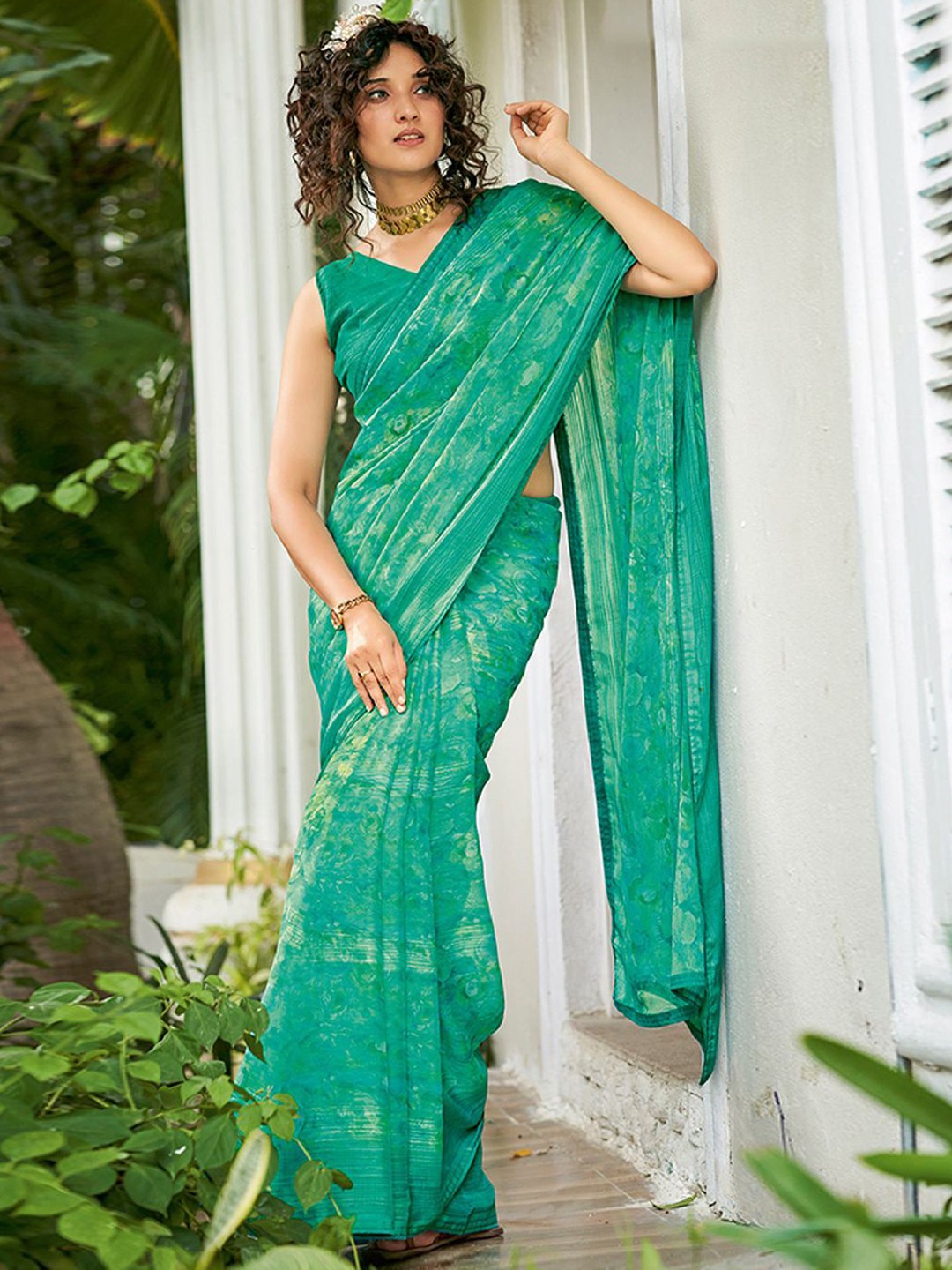 

SANSKAR Women Abstract Printed Saree With Blouse Piece, Green