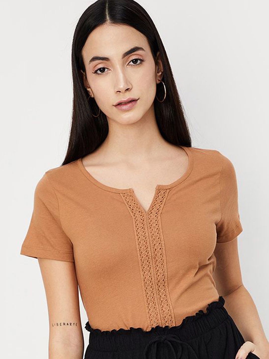 

max Women Solid Round Neck Cotton Top, Brown