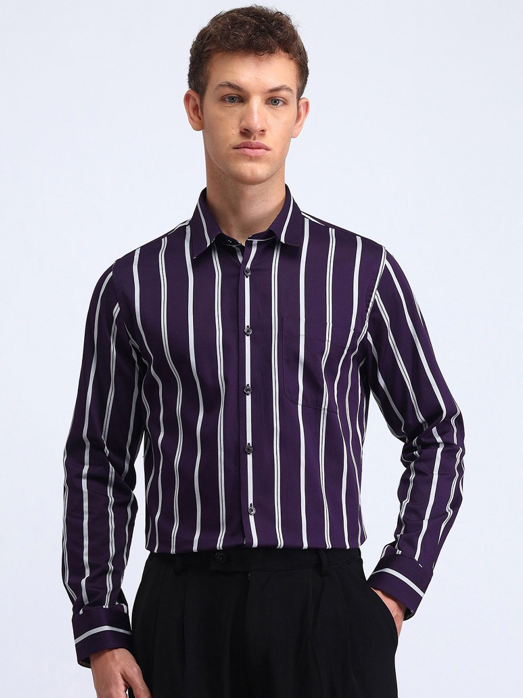 

Flying Machine Men Manhattan Spread Collar Vertical Striped Cotton Slim Fit Formal Shirt, Purple