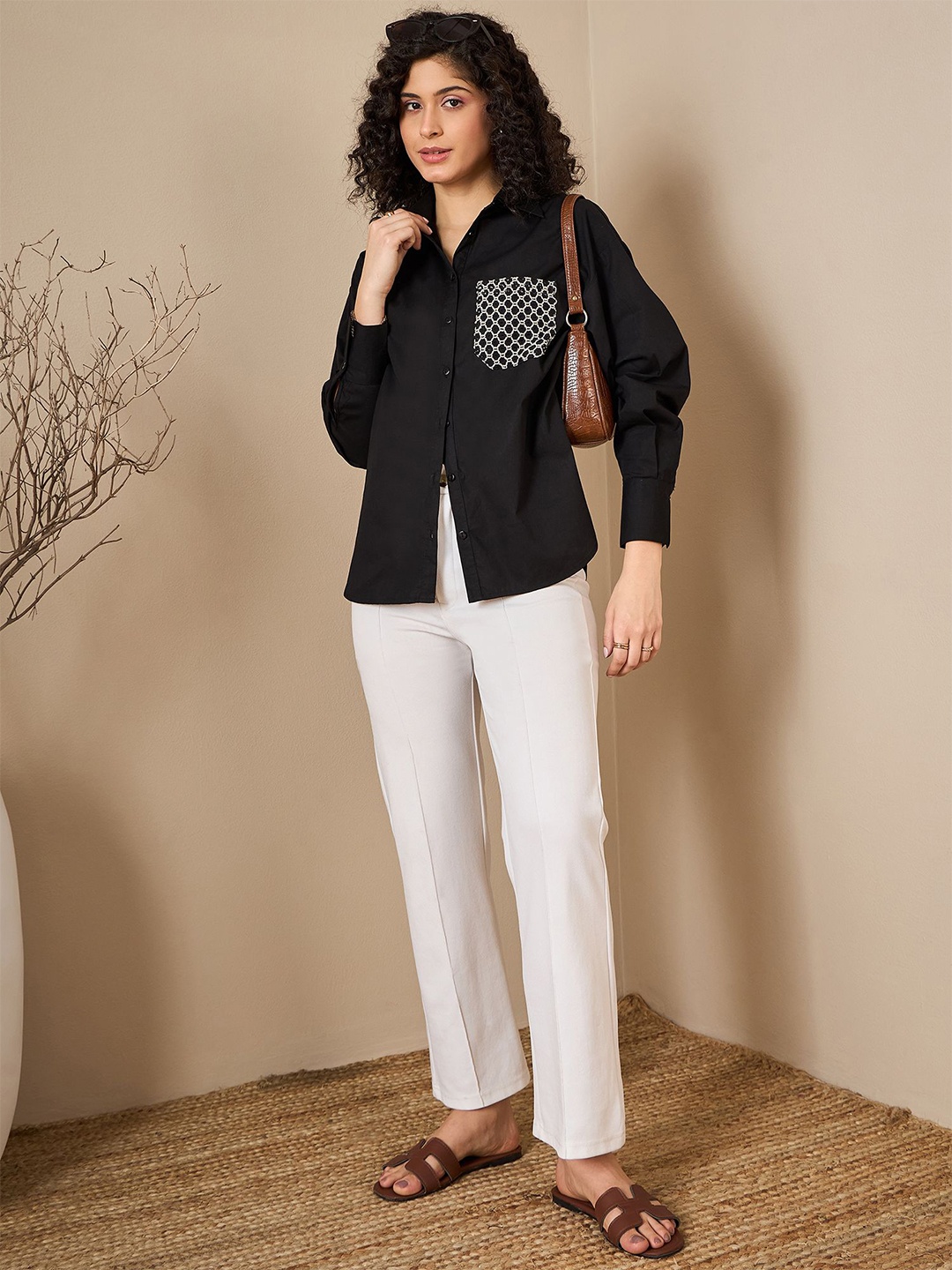 

Kibo Women Spread Collar Solid Cotton Relaxed Fit Casual Shirt, Black