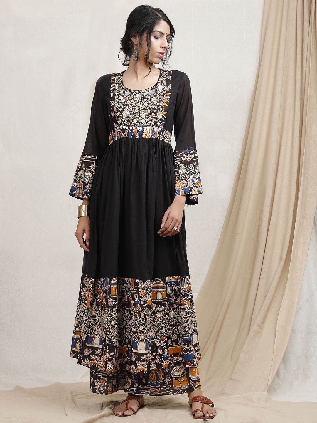 

TJORI Floral Printed Cotton Anarkali Kurta, Black