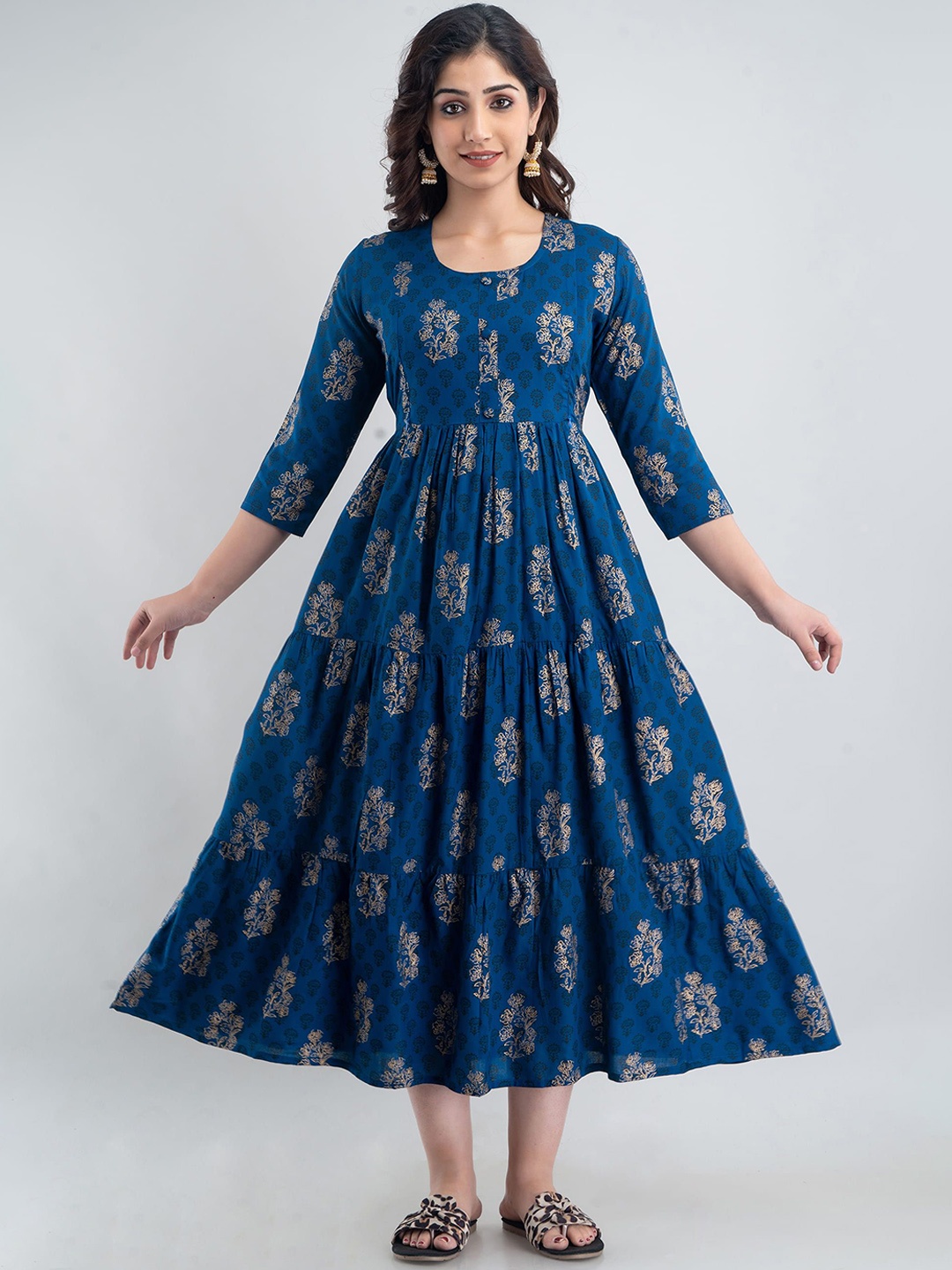 

Charnest Floral Printed Maternity Fit and Flare Midi Ethnic Dress, Blue