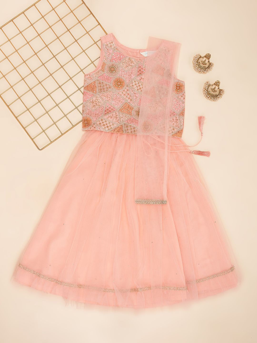 

AKKRITI BY PANTALOONS Girls Floral Embroidered Ready to Wear Lehenga & Blouse With Dupatta, Peach