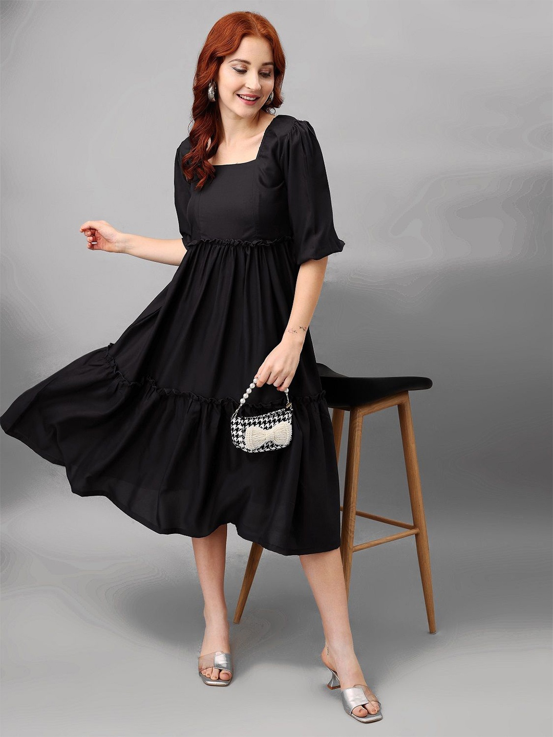 

Krunal Raiyani Women Crepe Fit & Flare Tiered Midi Dress, Black